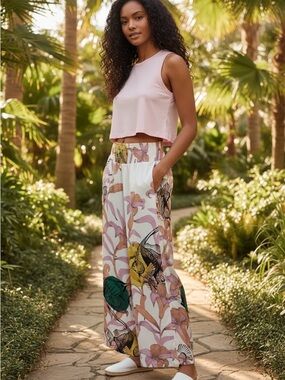 Anthropologie Wide-Leg Printed Lounge Pants in White, Pink, Green